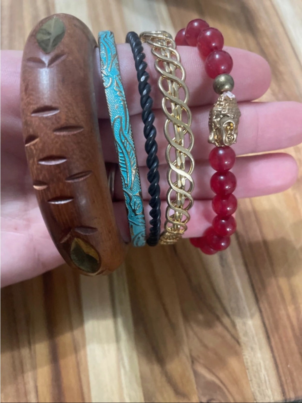 Stackable Women's Bracelet Set with Red Bead Bracelet and Mixed Metal Accents